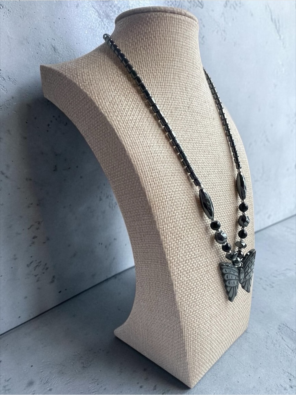 Carved Hematite Butterfly Pendant Statement Necklace - Picture 5 of 10